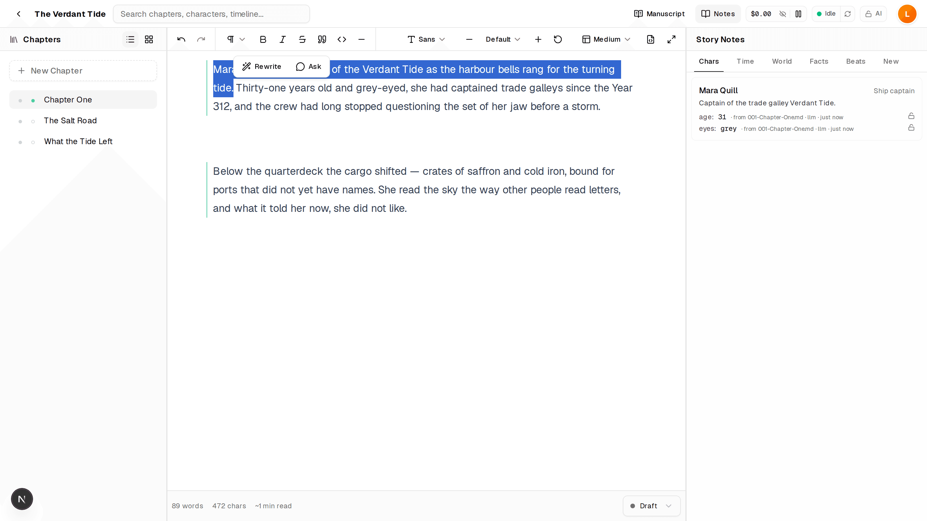 The Redraft writing workspace: a manuscript open in the editor with the inline AI menu over a selected passage